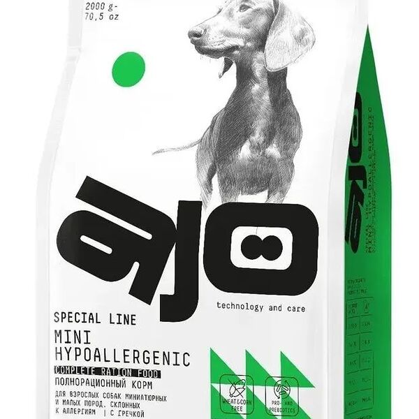 Корм сухой полнорационный Ajo Special Line с индейкой для взрослых собак малых и миниатюрных пород, склонных к аллергиям 2кг