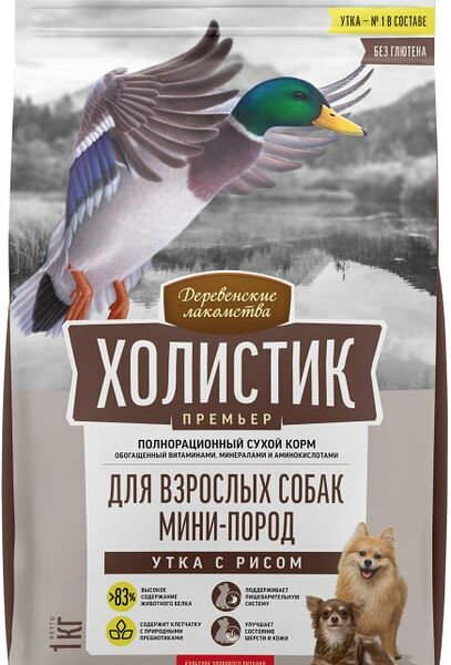Сухой корм для собак Деревенские лакомства Холистик Премьер для мини-пород Утка с рисом 1кг
