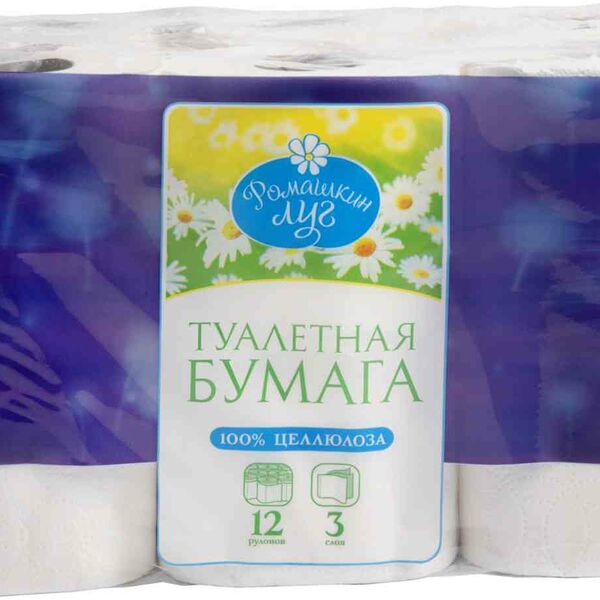 Туалетная бумага Ромашкин луг с перфорацией и тиснением 3 слоя 12 рулонов