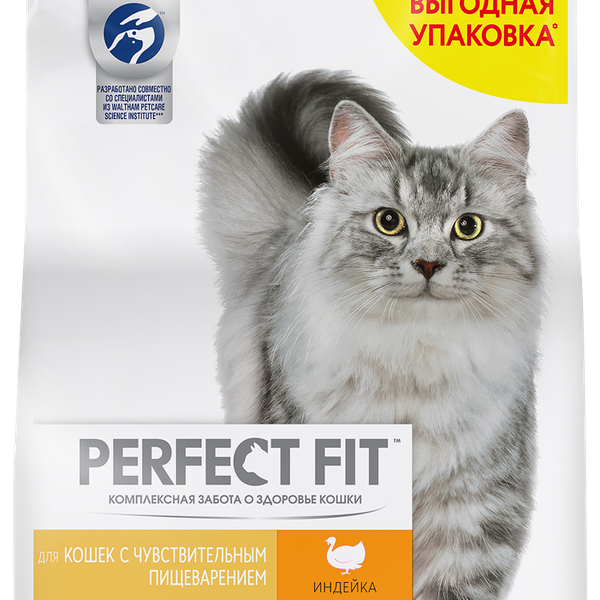 Сухой корм PERFECT FIT™ для взрослых кошек с чувствительным пищеварением с индейкой, 2.5 кг
