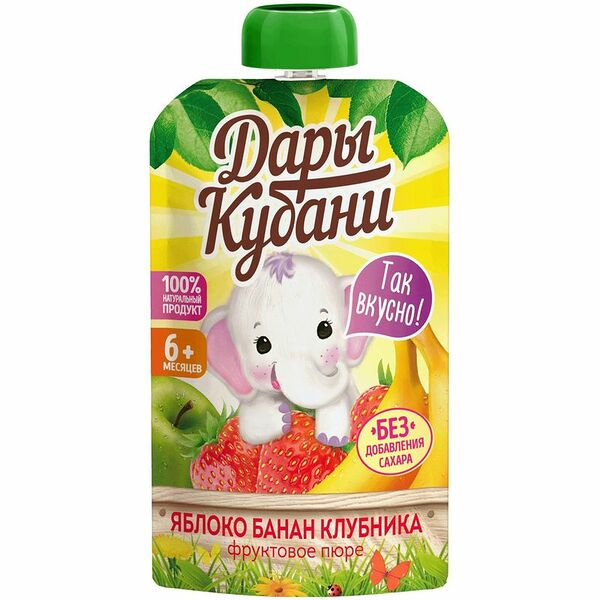 Пюре Дары Кубани фруктовое из яблок бананов и клубники для питания детей с 6 месяцев, 90г