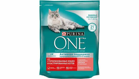 Сухой корм Purina ONE® полнорационный для стерилизованных кошек и кастрированных котов, с высоким содержанием лосося, 750 г