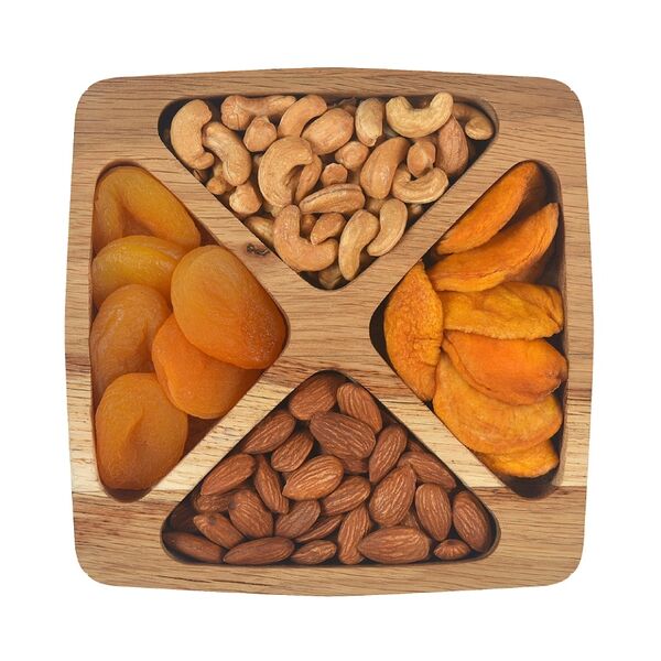 Подарочная тарелка четыре порции с кешью, миндалем, курагой, и персиком 300 г