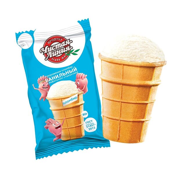 Мороженое Чистая Линия вафельный стаканчик пломбир, БЗМЖ, 80 г