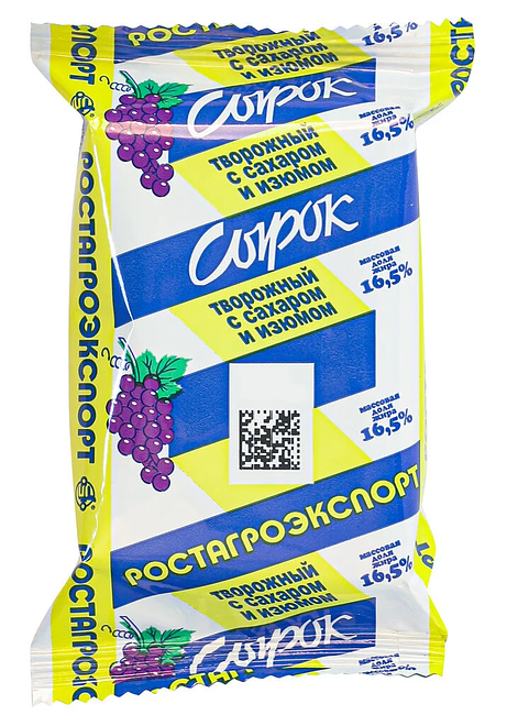 

Сырок творожный Ростагроэкспорт с сахаром и изюмом 16.5% бзмж, 90 г