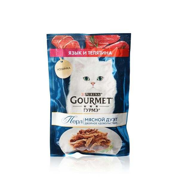 Влажный корм Гурмэ Перл Мясной Дуэт для взрослых кошек, со вкусом язык и телятина, нежное филе в соусе 75 г