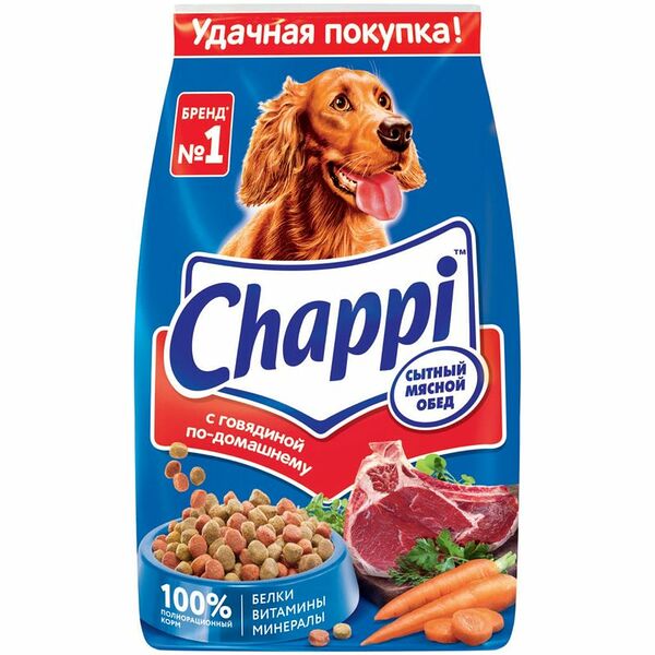 Корм Chappi Сытный мясной обед с говядиной по-домашнему для собак, 2.5кг