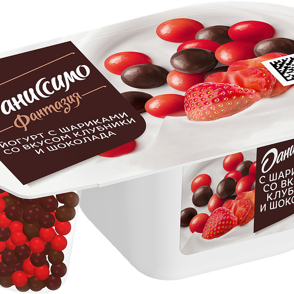 Йогурт ДАНИССИМО Фантазия Хрустящие шарики со вкусом шоколада и клубники 6,9%, без змж, 105г