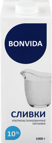 

Сливки ультрапастеризованные BONVIDA 10% без змж, 1 кг