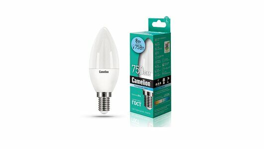 Лампа светодиодная Camelion E14 4500K холодный свет, свеча, 8 Вт