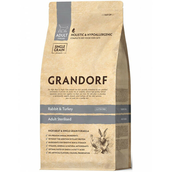 Grandorf Сухой корм для кошек Grandorf Rabbit and Turkey Sterilised кролик с индейкой для стерилизованных или пожилых от 1 года 2 кг