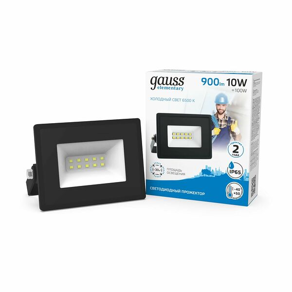 Прожектор Gauss Elementary 10W 850lm 6500К 200-240V IP65 черный LED