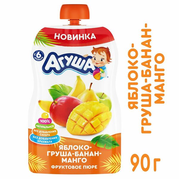 Пюре фруктовое Агуша из яблока груши банана и манго гом с 6мес 90г ДП