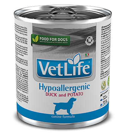Консерва Vet Life Dog Hypoallergenic для собак при пищевой аллергии и/или непереносимости Утка и картофель