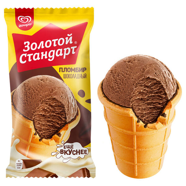 Мороженое золотой стандарт 90 г пломбир шоколадный вафельный стакан