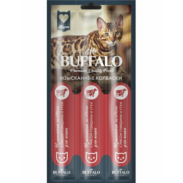 Лакомство для кошек Mr. Buffalo изысканные колбаски с мясом говядины и утки, 3 шт в упаковке