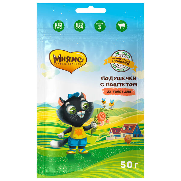 Мнямс Фермерская Ярмарка лакомство для котят хрустящие подушечки с паштетом Телятина, 50 г.