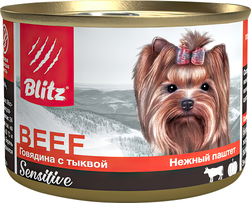 Корм для собак BLITZ для мелких пород, говядина с тыквой паштет банка