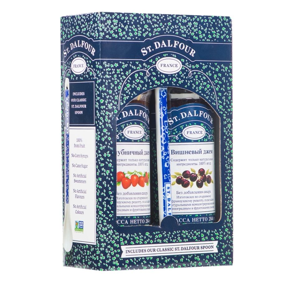 

Подарочный набор St.Dalfour джем из клубники 284 г, джем из вишни 284 г + фарфоровая ложка, Франция