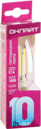 

Лампа светодиодная ОНЛАЙТ 10Вт 4000К Е14 свеча, филамент, Арт. 80895