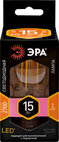 Лампа светодиодная ЭРА F-LED A60-15W-827-E27, 15Вт, филамент, груша, теплый белый свет, E27 Арт. Б0046981