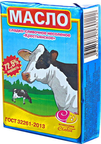 

Масло сладкосливочное Семкин Крестьянское несоленое 72,5% высший сорт, без змж 180 г