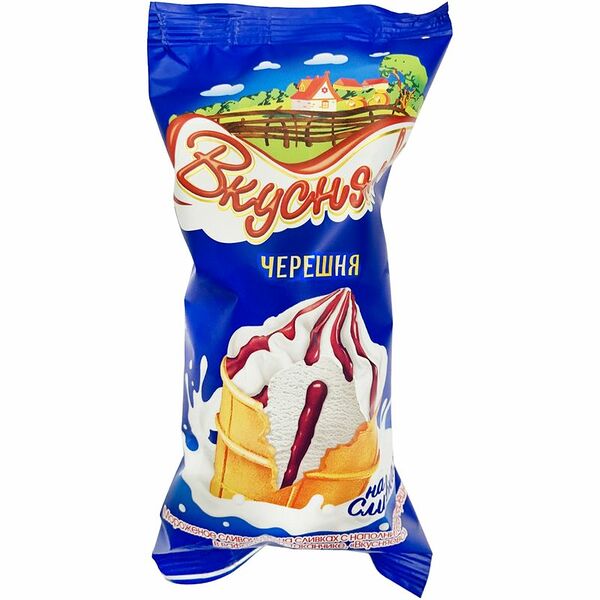 Мороженое ВКУСНЯЕВО Сливочное на сливках с наполнителем черешня 8%, без змж, вафельный стаканчик