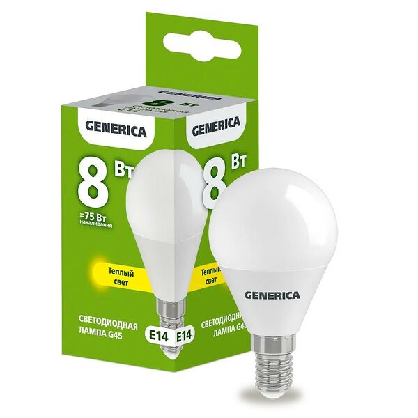 Лампа светодиодная IEK Generica, G45, E14, 8 Вт, 230 В, 3000К, шар