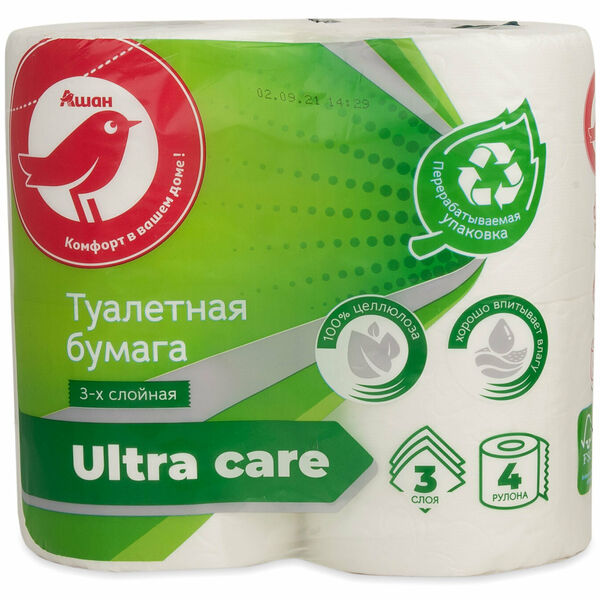 Туалетная бумага АШАН Красная птица 3 слоя, 4 рулона