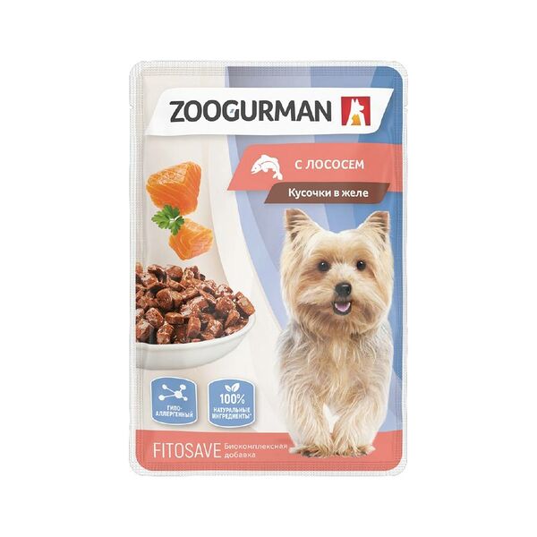 Корм для собак ЗООГУРМАН Лосось кусочки в желе пауч 85г