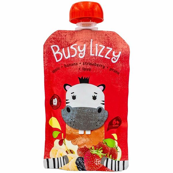 Пюре Busy Lizzy яблоко-банан-клубника-чернослив с 6 месяцев, 100г