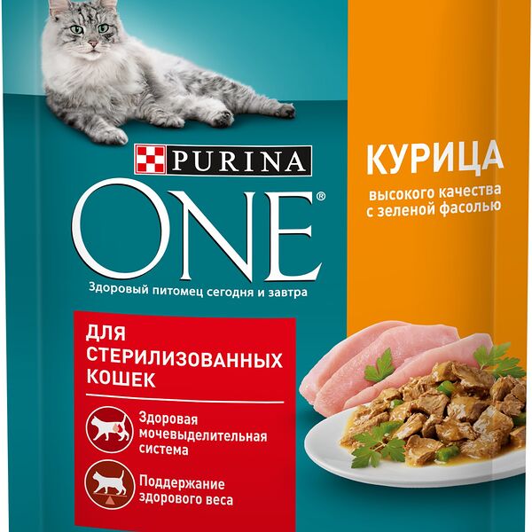 Корм для стерилизованных кошек Purina One с курицей и с зелёной фасолью, 1 шт.