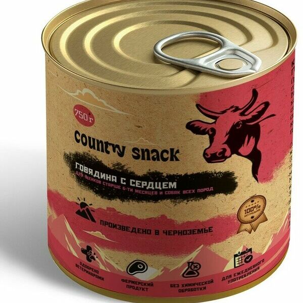 Консервы для щенков и собак всех пород Country snack Говядина и сердце