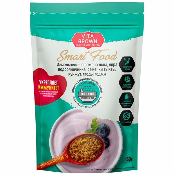 Смесь Vita Brown семена льна-ядра подсолнечника-семечки тыквы-кунжут-ягоды годжи измельчённые, 160г
