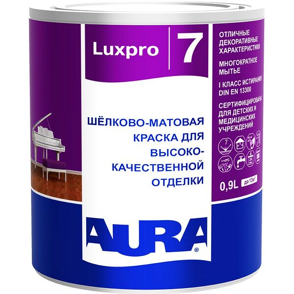 Краска AURA Luxpro 7 водно-дисперсионная интерьерная, 0,9 л, супербелая база А