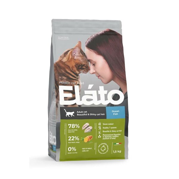 Сухой корм для взрослых кошек для красивой и блестящей шерсти Elato Holistic Adult Cat Ocean Fish / Beautiful & Shiny Cat Hair с рыбой