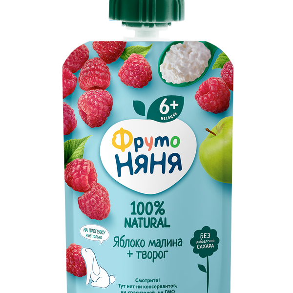 Пюре фруктовое ФрутоНяня с творогом яблоко малина 90г пауч ДП