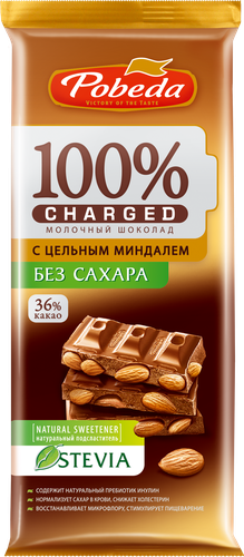 

Шоколад молочный Pobeda вкуса Charged с цельным миндалем без сахара 90 г