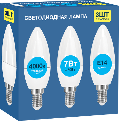 

Лампа светодиодная Старт E14, 7Вт, холодный свет, свеча, 3 шт