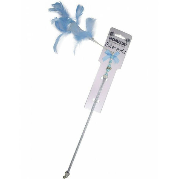 Homecat Silver series дразнилка-удочка для кошек из перьев голубая 42 см
