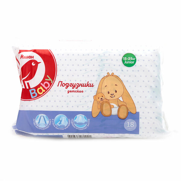 Подгузники АШАН Красная птица junior 7 размер (15-25 кг), 18 шт