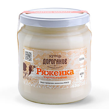 Ряженка термостатная 2,5%, «Хутор Дороганов», 400 г, Россия, БЗМЖ