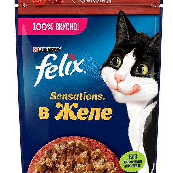 Корм влажный для взрослых кошек FELIX Sensations Говядина в желе с томатами