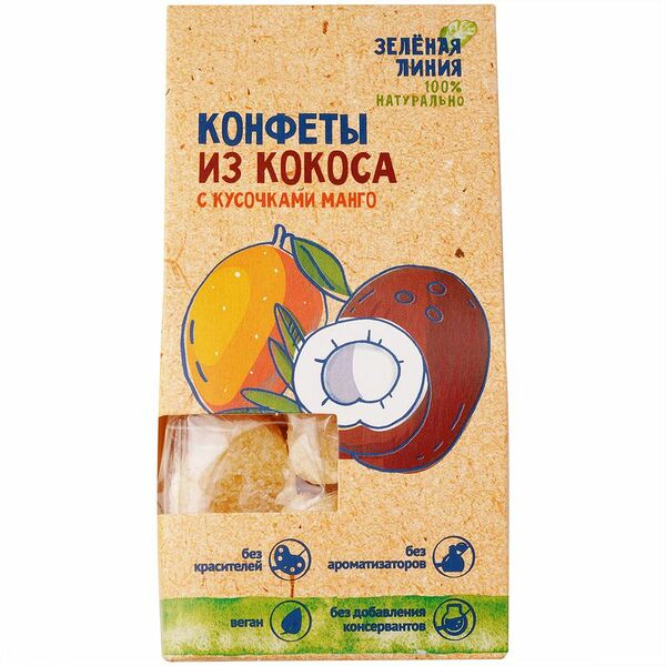 Конфеты кокосовые с кусочками манго Зелёная Линия, 90г