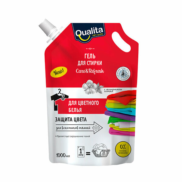 Гель для стирки для цветного белья дой-пак Qualita Care&Refresh Защита Цвета 1л