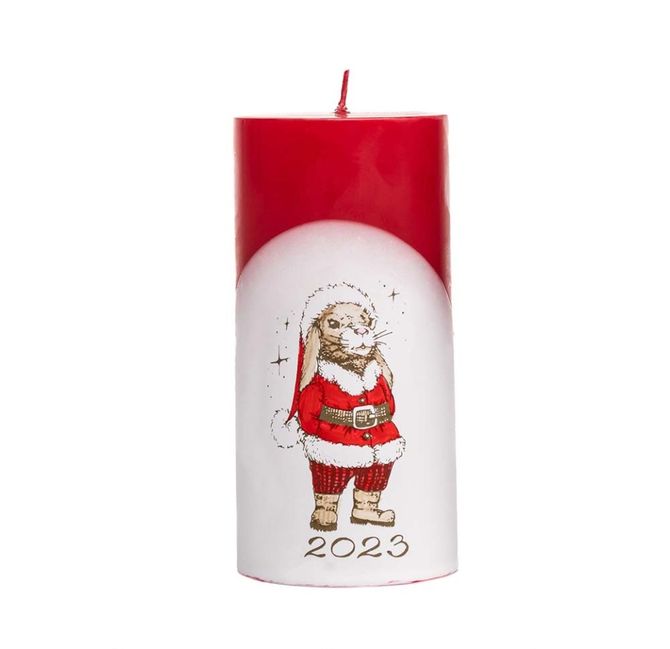 

Свеча-столбик Candles Кролик в костюме Санты красно-белая 15 см