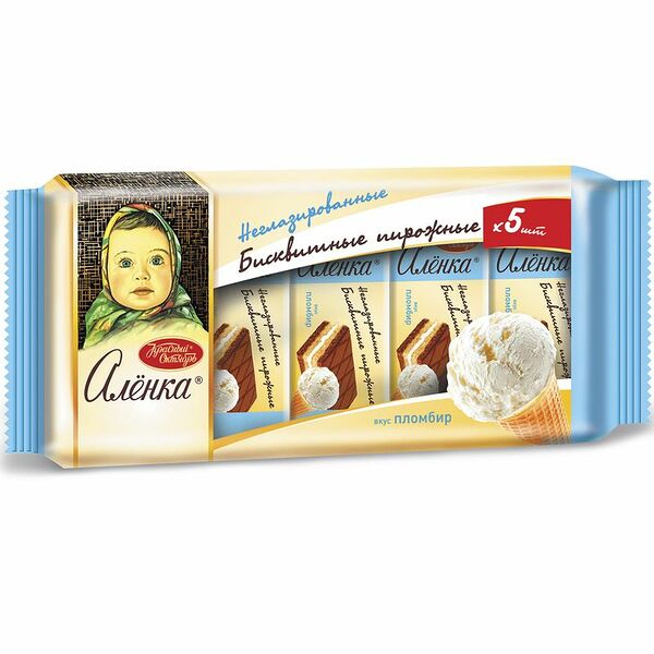 Пирожное Алёнка бисквитное с прослоённым кремом со вкусом пломбира неглазированное, 175г