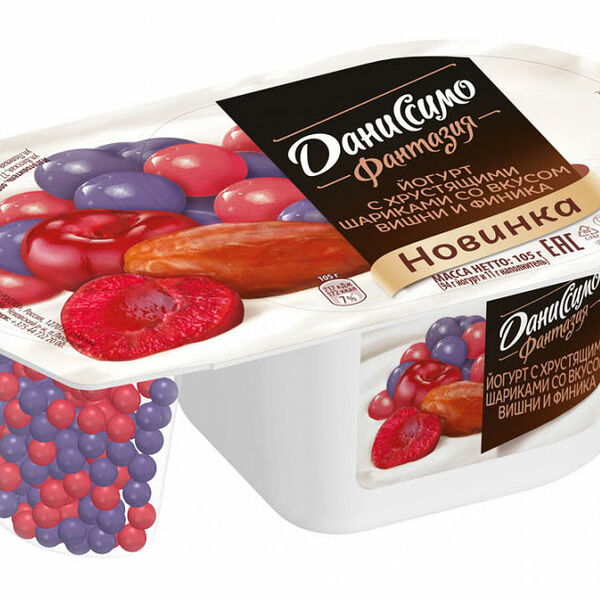 Йогурт Даниссимо с шариками со вкусом Вишни и финика 6,9%