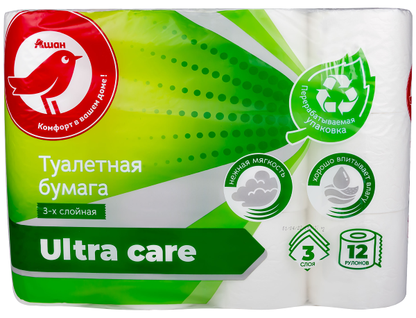 Бумага туалетная АШАН Красная птица многослойная, 3 слоя, 12 рулонов