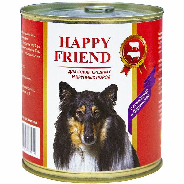 Корм для собак HAPPY FRIEND для средних и крупных пород с говядиной и бараниной банка